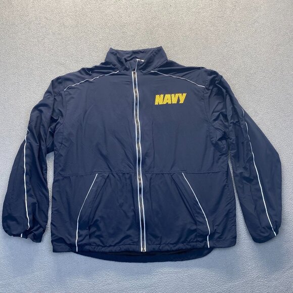 Vintage Navy SND Manufacturing Full Zip Reflective Windbreaker Jacket Men Large - Picture 1 of 9